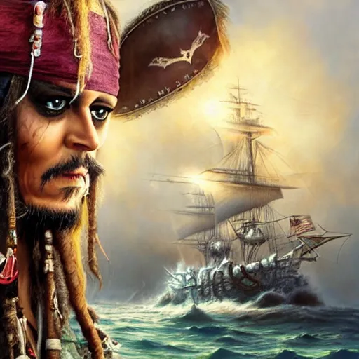 Image similar to a hyperrealistic illustration of Captain Jack Sparrow as Davy Jones, Face hybrid of Davy Jones and Jack Sparrow, Pirates of the Caribbean Ship with fractal sunlight in the Background, award-winning, masterpiece, in the style of Tom Bagshaw, Cedric Peyravernay, Peter Mohrbacher