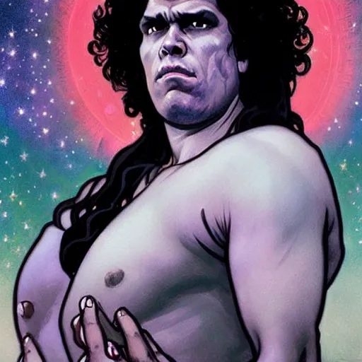 Prompt: beautiful moonlit Andre the Giant weeps at a cosmic revelation, art by artgerm and greg rutkowski and alphonse mucha