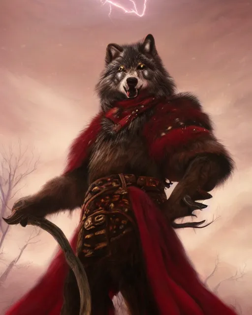 Image similar to oil painting of Anthropomorphized Wolf Shaman holding magic staff, evil grin, wearing red fur cloak, sharp focus, lightning storm background, magical aura, heroic pose, fantasy style, octane render, volumetric lighting, 8k high definition, by greg rutkowski, highly detailed, trending on art Station, magic the gathering artwork, Lightning storm background, centered, dramatic artwork