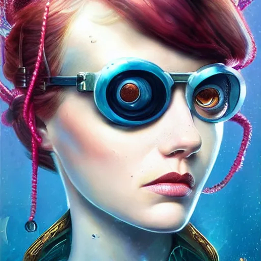 Image similar to underwater steampunk pirate portrait of emma stone, pixar style, by tristan eaton stanley artgerm and tom bagshaw.