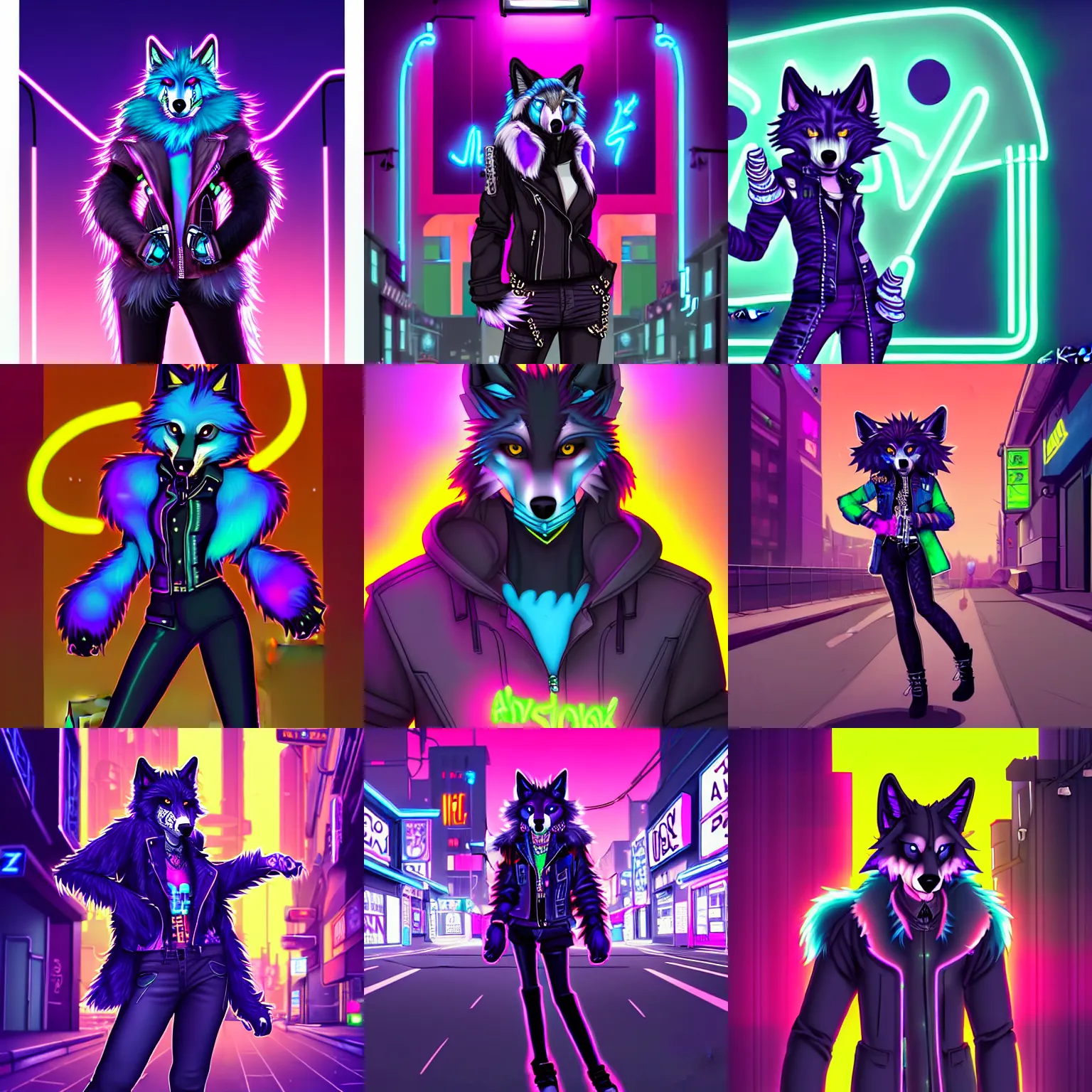Prompt: beautiful furry digital art portrait commission of an androgynous furry anthro wolf fursona wearing punk clothes in the streets of a cyberpunk city. neon signs. character design by skeleion, thanshuhai, zaush, imalou, rick griffin, tessgarman, artgerm, fa, furraffinity