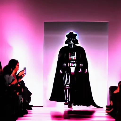 Prompt: a photograph of Darth Vader walking down a fashion show runway, realistic, dramatic lighting, epic