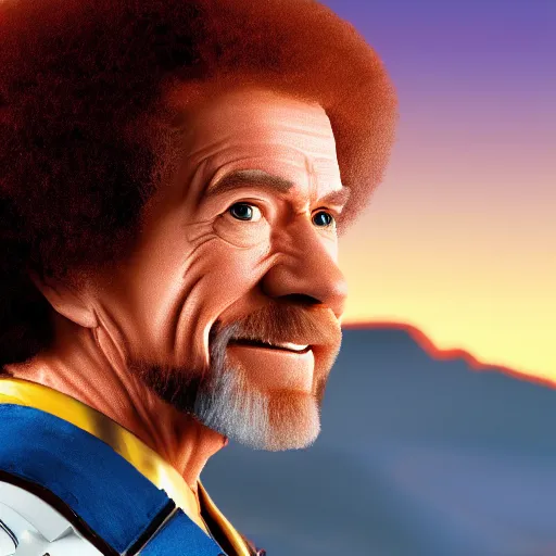 Image similar to a still of Bob Ross as Ironman. Magic Hour. Professional photography, 4K. Mood