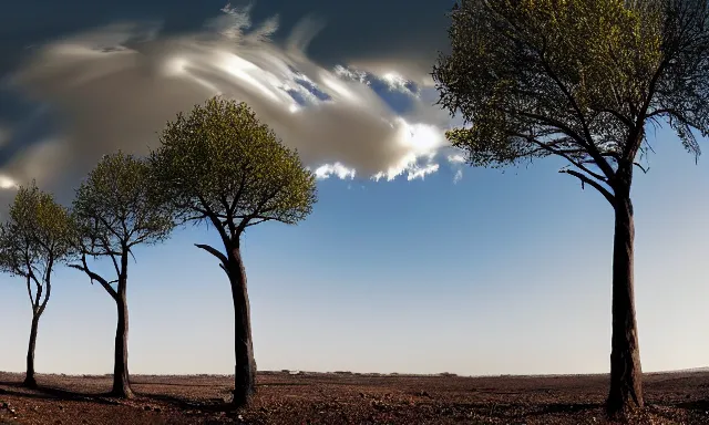 Image similar to panorama of big raindrops flying upwards into the perfect cloudless blue sky from a dried up river in a desolate land, dead trees, blue sky, hot and sunny highly-detailed, elegant, dramatic lighting, artstation, 4k, cinematic landscape, photograph by National Geographic