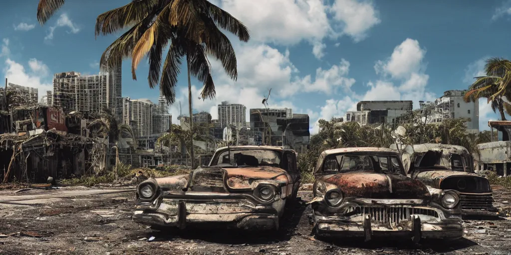 Image similar to fallout 5, photo of dilapidated miami, tropical coastal city, desolate, dilapidated, some rusted retro futuristic vintage parked vehicles like cars, buses, trucks, trams, sunny weather, few clouds, volumetric lighting, photorealistic, daytime, spring, sharp focus, ultra detailed, 4 0 0 0 k, technicolour 1