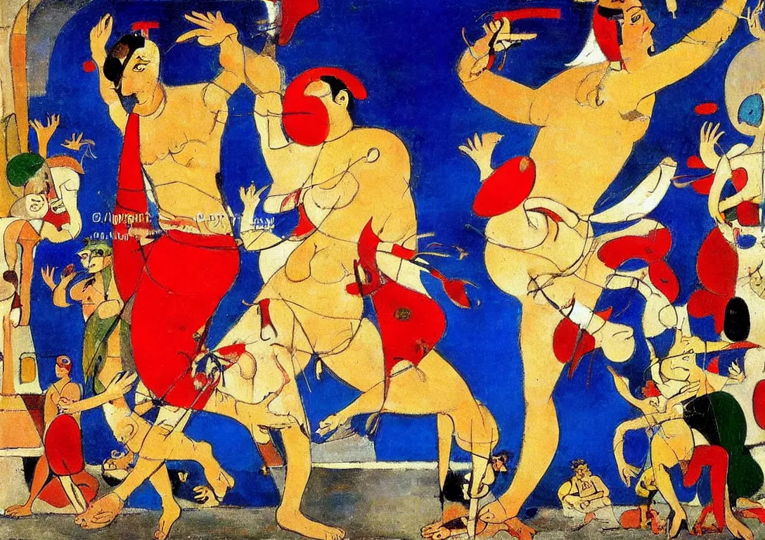 Image similar to a multiracial greek god dancing through the streets of a city, saturated color scheme, sparse detail, by george luks, joan miro and moebius