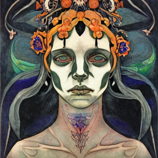 Image similar to the bone crown, by Annie Swynnerton and Nicholas Roerich and (((Diego Rivera))) and (((Edmund Dulac))), bioluminescent skin, floral tattoos, goth costume, geometric ornament, symbolist, rich colors, dramatic lighting, smooth, sharp focus, extremely detailed