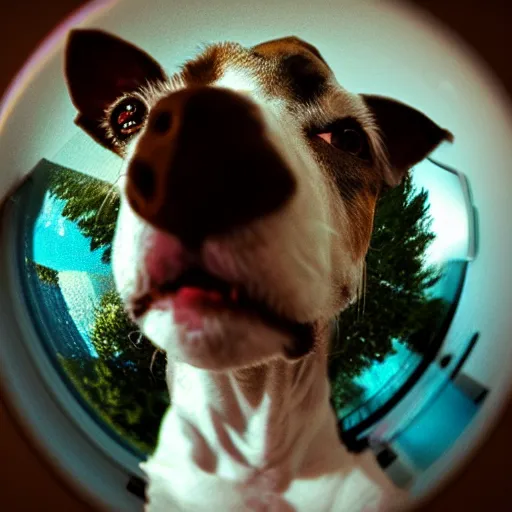 Image similar to Selfie of a dog, first-person view, fisheye lens!!!!!!, photorealistic imagery, trending on artstation, 4k, 8k