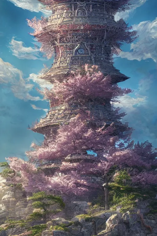 Image similar to hyperdetailed ancient wizard tower with sakura trees, cinematic highly detailed artstation hyperstylized illustrated by moebius and yoshitaka amano