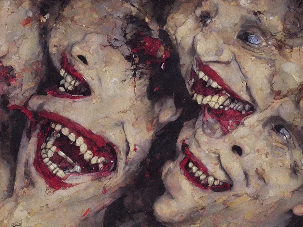 Image similar to vampire laughing portrait, night, denis sarazhin, vrubel, oil on canvas