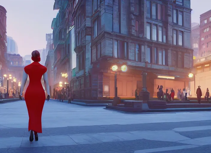 Image similar to inspiring beautiful girl a red propaganda flag walking through crowd in a beautiful futuristic city by Edward Hopper and Dan Mumford, Unreal Engine 5, Lumen, Nanite