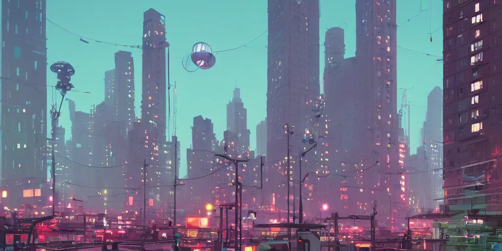 Image similar to city, building, cars, neon lights, dystopia, park tree, people, happy town, close view of street, fish eye view lens , by Goro Fujita and Simon Stalenhag , 8k, trending on artstation, hyper detailed, cinematic