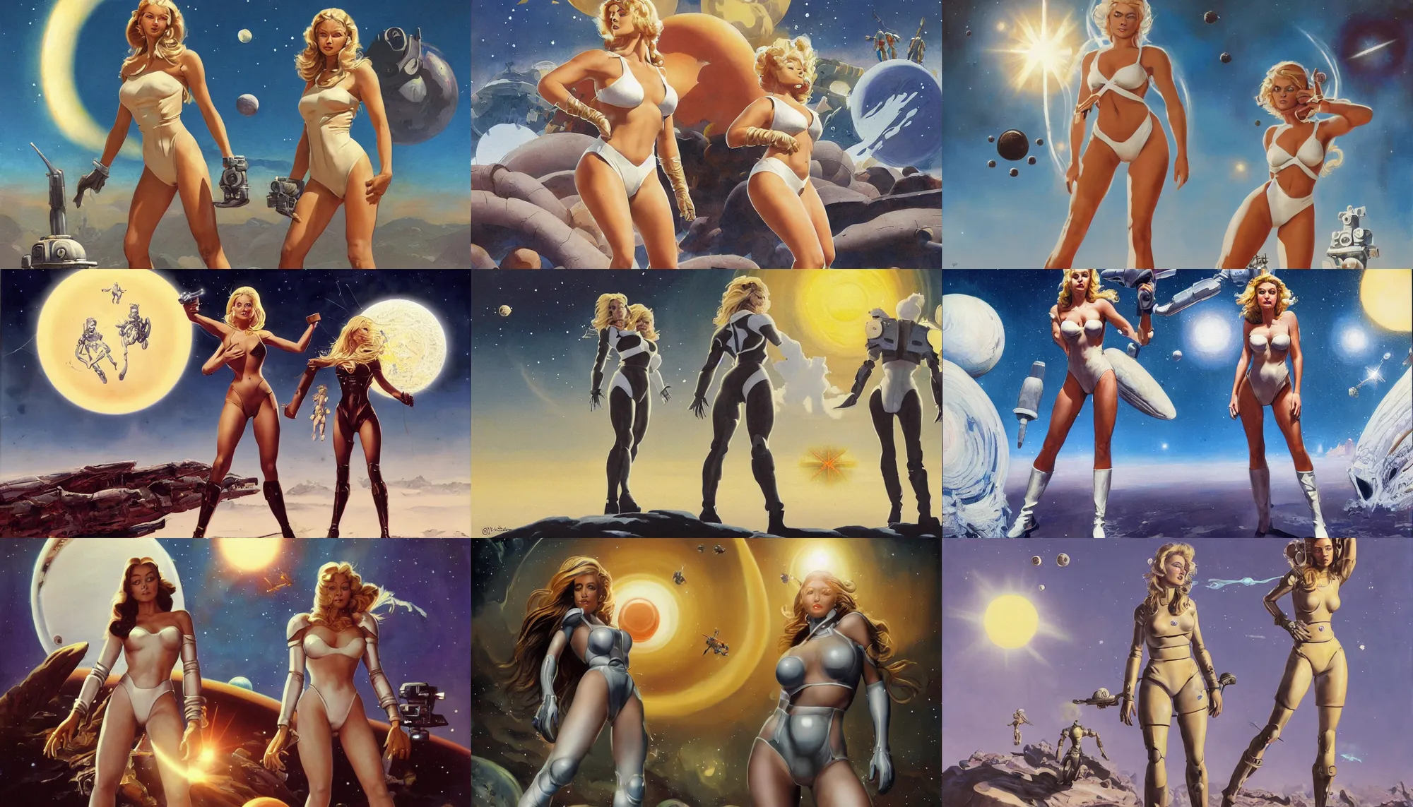 Prompt: A mixed media portrait painting of a beautiful blonde brunette woman exploring an alien planet with three suns, very curvy, aesthetic! high-waisted white-bikini-armor and boots, holding raygun, aesthetic symmetrical face and eyes, model, Scandinavian, wet, discarded mechsuit in background, by Frank Frazetta, Boris Vallejo, Beeple, Greg Rutkowski, Christian MacNevin, eighties-pinup style, epic fantasy character art, high fantasy, CGsociety, exquisite detail, post-processing, masterpiece, cinematic