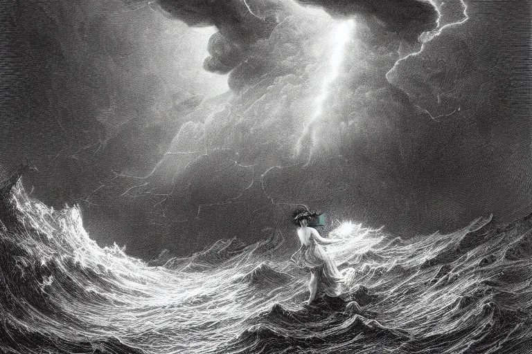 Image similar to black and white, young french woman illuminated by a beam of light through detailed stormy clouds in the sea, demons fly in background, Gustave Dore lithography