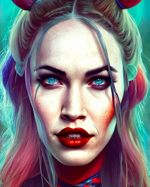 Image similar to highly detailed vfx portrait of megan fox as harley quinn, stephen bliss, unreal engine, greg rutkowski, loish, rhads, beeple, makoto shinkai and lois van baarle, ilya kuvshinov, rossdraws, tom bagshaw, alphonse mucha, global illumination, detailed and intricate environment