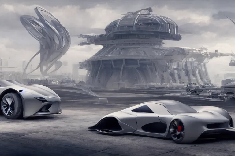 Image similar to futuristic Porsche designed by Apple, a detailed matte painting by Kitagawa Utamaro, cgsociety, octane render, highly detailed, matte painting, concept art, sci-fi