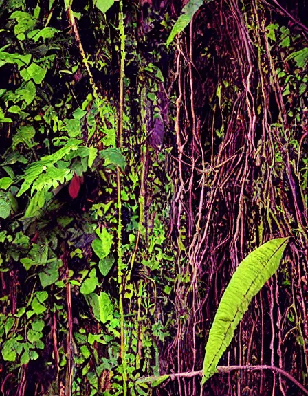 Image similar to vintage color photo of a 1 1 0 million years old abstract liquid gold sculpture covered by the jungle vines