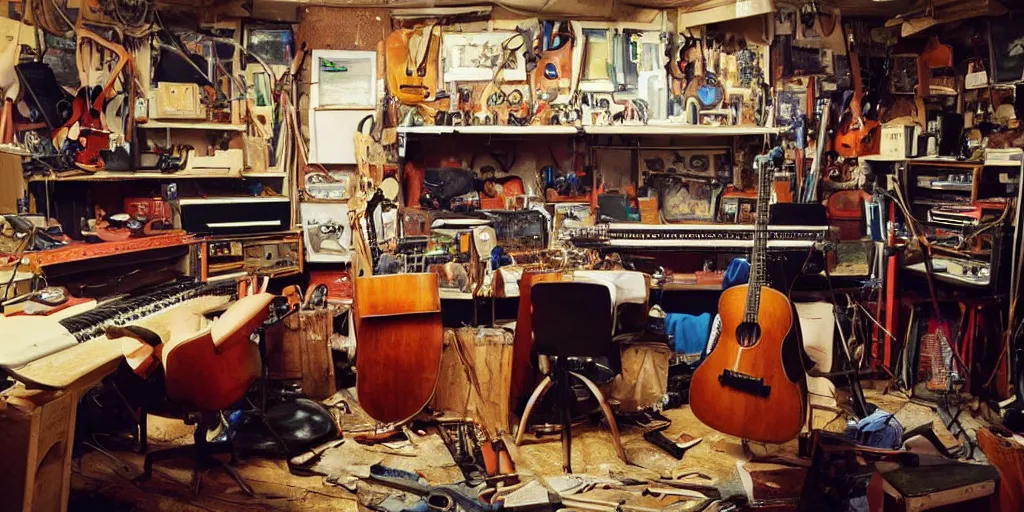 Image similar to a color photograph of a musician's basement studio with many things, workbench overloaded with broken instruments,, trending on artstation, hyperrealism