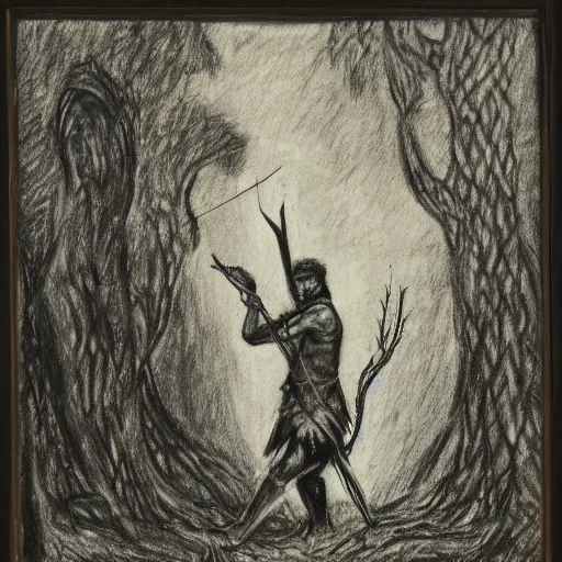 Image similar to a charcoal drawing of and ancient warrior creeping through dark woods filled with large trees and vines, holding a bow and arrow, wearing animal skin clothing, in the style of guy denning