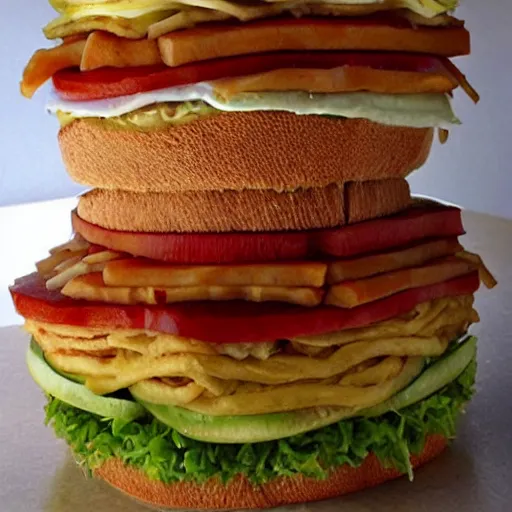 Prompt: enormously tall Dagwood-style Big Mac sandwich