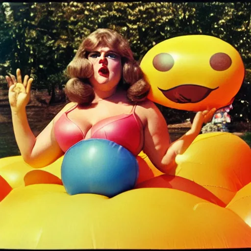 Image similar to 1976 glamorous thicc woman wearing an inflatable smiley head, wearing a dress, in a small village full of inflatable animals, 1976 French film archival footage technicolor film expired film 16mm Fellini new wave John Waters Russ Meyer movie still