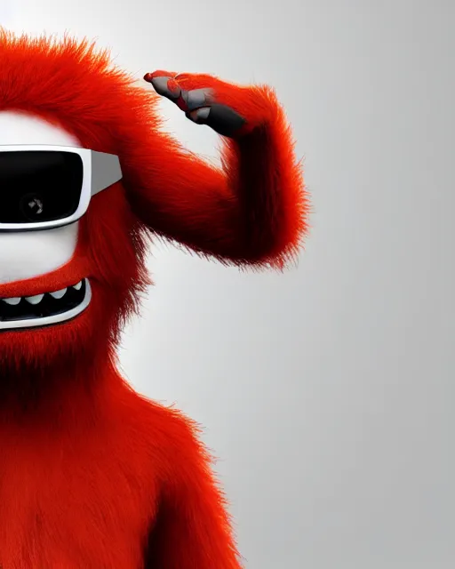 Image similar to 3 d render of completely red hairy friendly creature wearing chrome shades, full body, simple, cute, white background, unreal engine 5 hdr