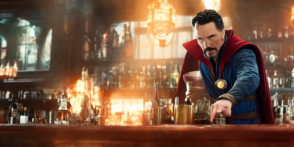 Image similar to film still of Singular Doctor Strange working as a bartender in the new Avengers movie, 4k