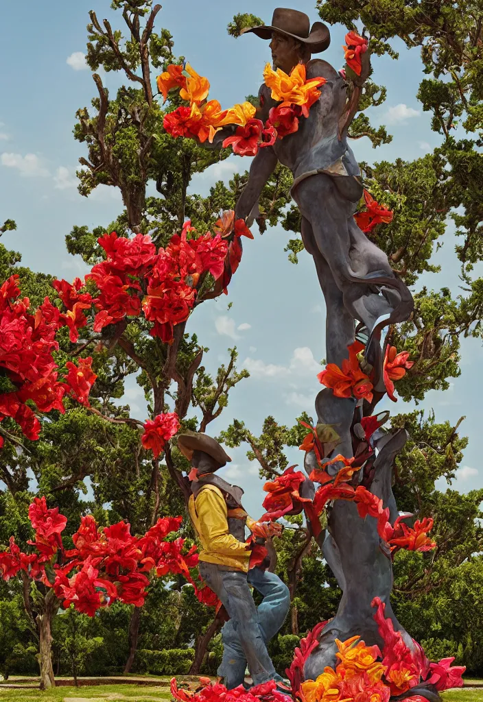 Image similar to a cowboy turning into blooms. tropical sea slugs, tractor tires. complementary colors. national geographic. 8 k, rendered in octane, smooth gradients. sculpture by antonio canova. red accents. by slim aarons, by zhang kechun, by lynda benglis