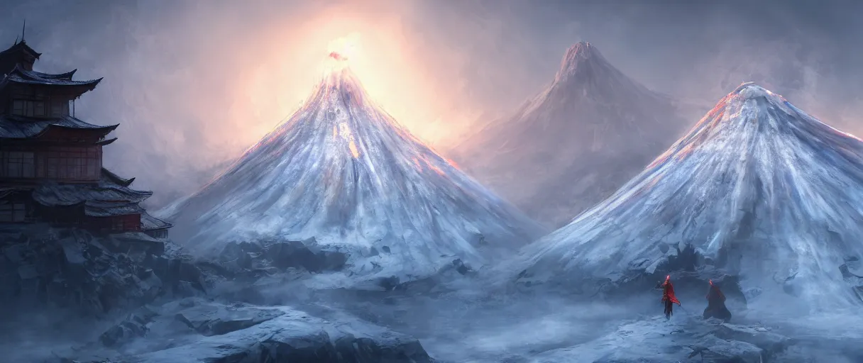 Image similar to digital painting of a frozen ice covered volcano, style sekiro, concept art, high angle, high detail, cold lighting, dark, vivid, beautiful, trending on artstation, by Jordan grimmer, no focus, huge scene, terrain visible