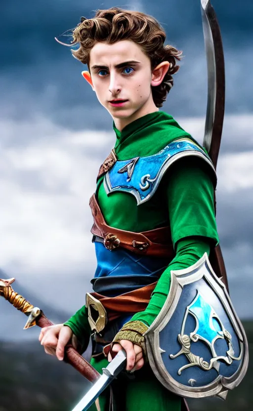 Image similar to super super super epic cinematic shot of Timothee Chalamet starring as Link from Legend of Zelda, 8k movie scene, elf ears, long blonde blonde hair, green clothes, blue eyes, ++++++ super super super dynamic action posing, super serious facial expression, holding a sword & shield, ocarina of time movie, concept photos, dynamic lighting, dynamic shaders, night time, in the forest, fairy light above him, amazing quality, magical forest