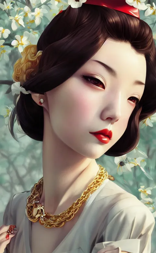 Image similar to a pin up and beautiful fashion and charming and dreamlke japan girl with lv jewelry, character art, art by artgerm lau and kyoung hwan kim and and ilya kuvshinov and john singer sargent, hyperdetailed, 8 k realistic, symmetrical, frostbite 3 engine, cryengine, dof, trending on artstation, digital art