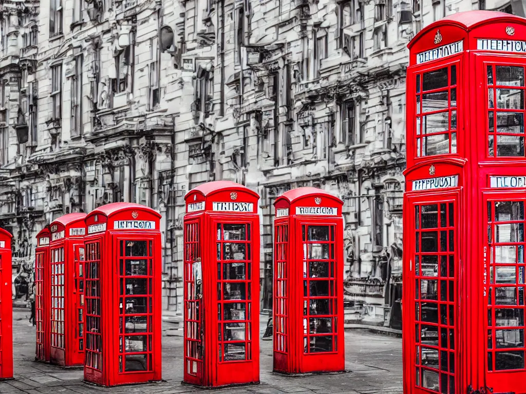 Image similar to highly detailed, intricate stunning image of a shop full of british red telephone boxes, stunning atmosphere, high octane, cinematic lighting