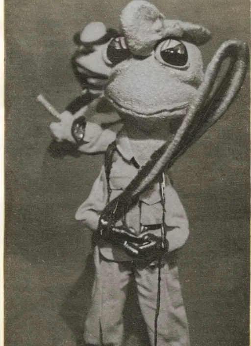 Image similar to grainy 1940’s WWII military portrait of an anthropomorphic frog muppet dressed like a soldier, professional portrait HD, frog, frog head, authentic, Kermit, muppet