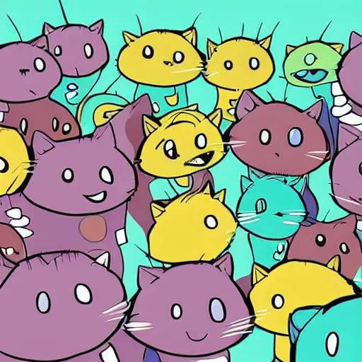 Image similar to a room full of big eye cats singing in comic art style pastel colors