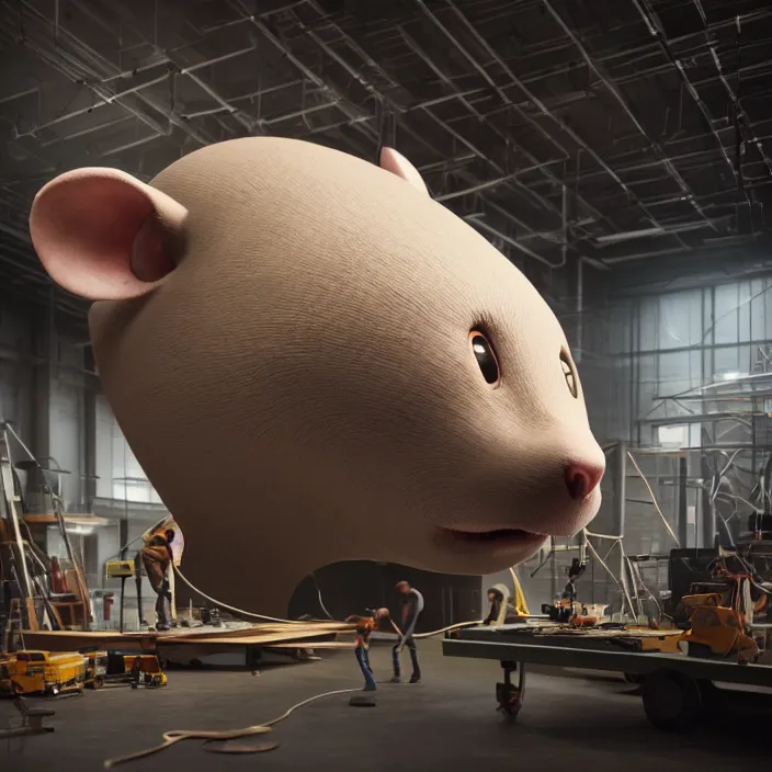 Image similar to crew of humans building giant mouse head in workshop, octane render, 4 k ultra hd, hyper - detailed, realistic, sharp focus, in style of beeple