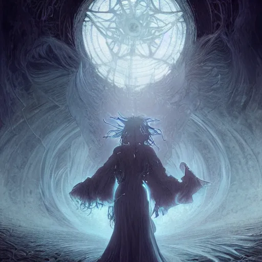 Image similar to eldritch anime witch in the style of michael whelan and gustave dore. hyperdetailed photorealism by greg rutkowski. 1 0 8 megapixels, 3 d finalrender, cinematic lighting, witchcraft summoning circle