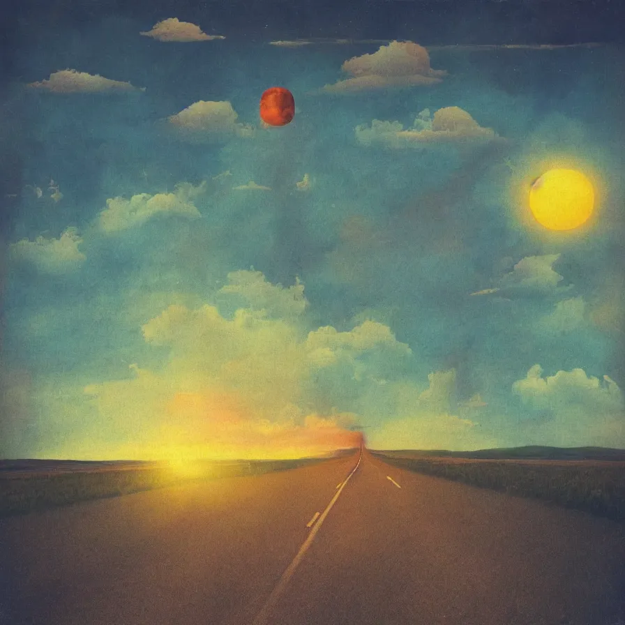 Prompt: surrealist artwork of the atmospheric indie album titled :'reaching for the sunrise on the infinite road ahead '.