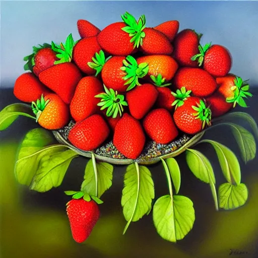 Prompt: a surreal oil painting of a strawberry plant with giant strawberrys, album cover, high contrast,