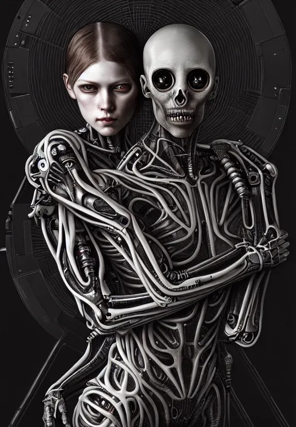 Prompt: ultra realist intricate detailed horror painting of an attractive alien female and a cyborg male, full body, curvy, cyborg tech, symmetry accurate features, very intricate details, horror, side lighting, focus, 8k render, artstyle Hiraku Tanaka and Tom Bagshaw, award winning