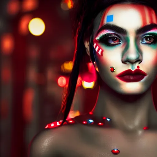 Image similar to A close-up of a beautiful girl with a surreal makeup reminding the swiss flag, octane render, bokeh, cyberpunk vibes, neons on the background