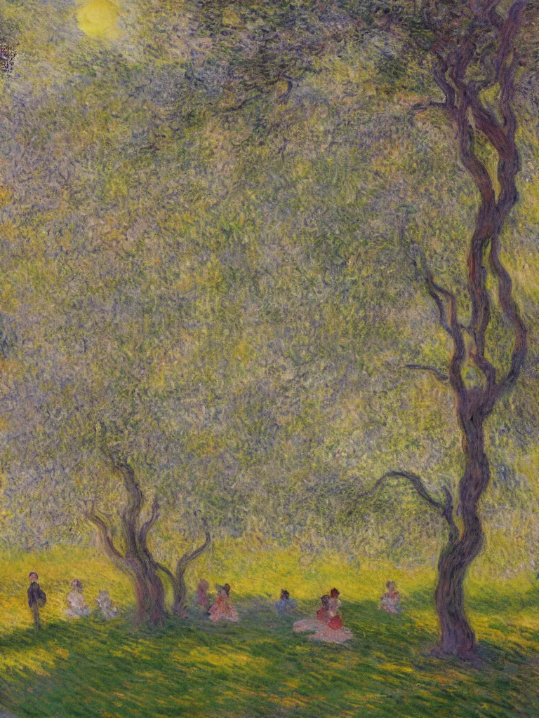 Prompt: gauzy impressionist painting of my backyard with an old apple tree with people! dancing in the late afternoon, low sun, color oil painting by claude monet and piet mondrian, cosmic trending on artstation 8 k