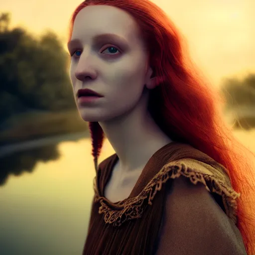 Image similar to photographic portrait of a stunningly beautiful english renaissance fighting female in soft dreamy light at sunset, beside the river, soft focus, contemporary fashion shoot, in a denis villeneuve and tim burton movie, by edward robert hughes, annie leibovitz and steve mccurry, david lazar, jimmy nelsson, extremely detailed, breathtaking, hyperrealistic, perfect face, octane render