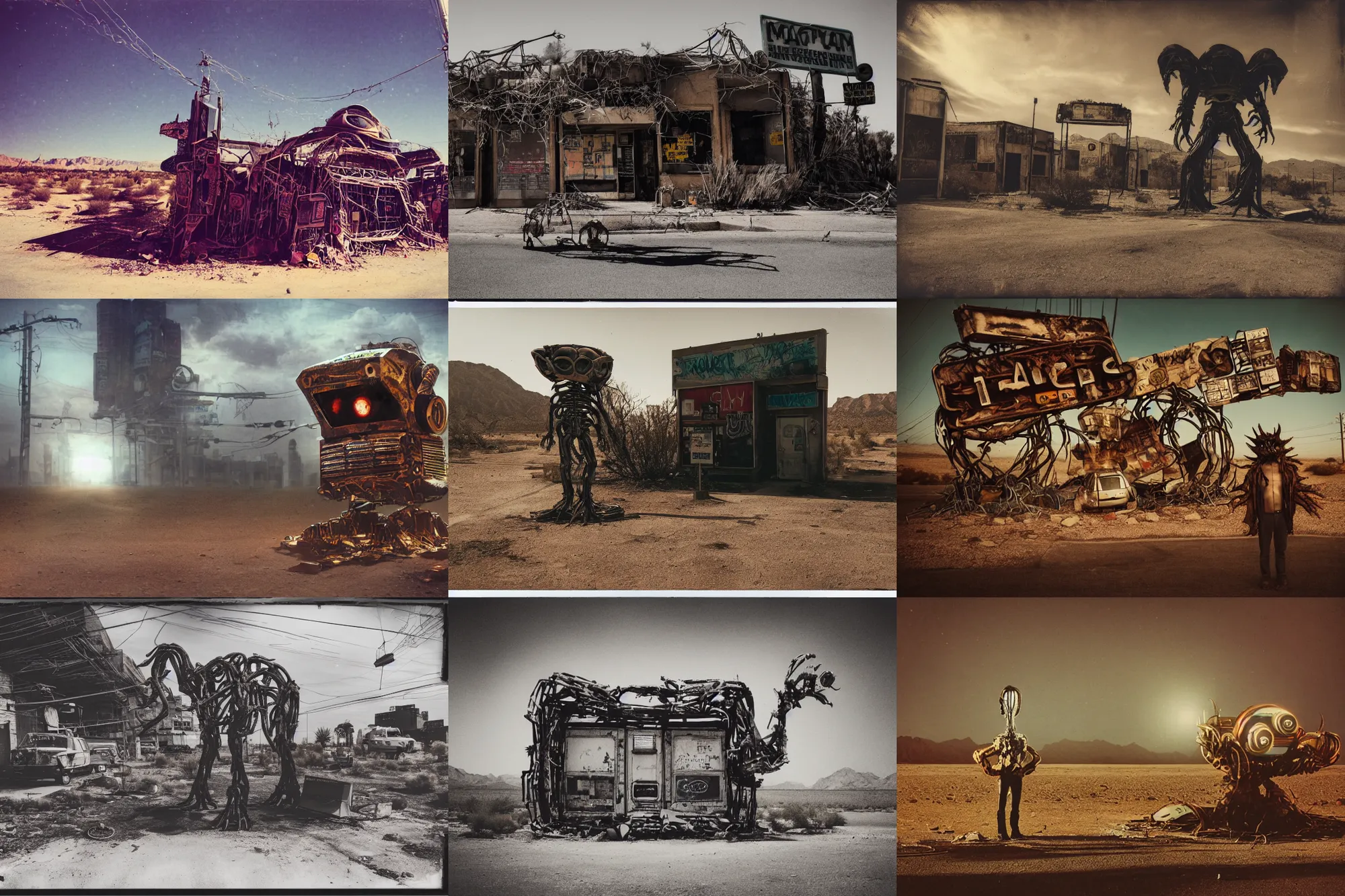 Prompt: polaroid photograph, travel photography, driving past a terrifying space creature standing in front of an abandoned cyberpunk bar made of scrap metal and scrap wood in the desert of a gloomy alien world, motion blur, brilliant lighting