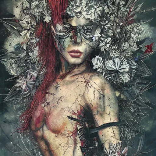 Image similar to gothic mute hybrid cyborg warrior girl of flowers, cybor clothes shaping love!, freedom fighter, eerie, cinematic, epic, 8 k, ultra realistic,. | a psychedelic, illustration by albrecht durer, concept art in style of carne griffiths artwork by xsullo. | backround of beautiful floweres floatingby elson, peter kemp, peter