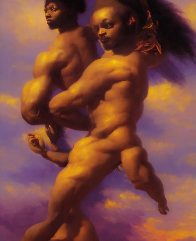 Image similar to stunning african god in a loincloth, posing against a royal purple backdrop by ivan aivazovsky, oil painting, beautiful soft lighting, saturated colours, artstation