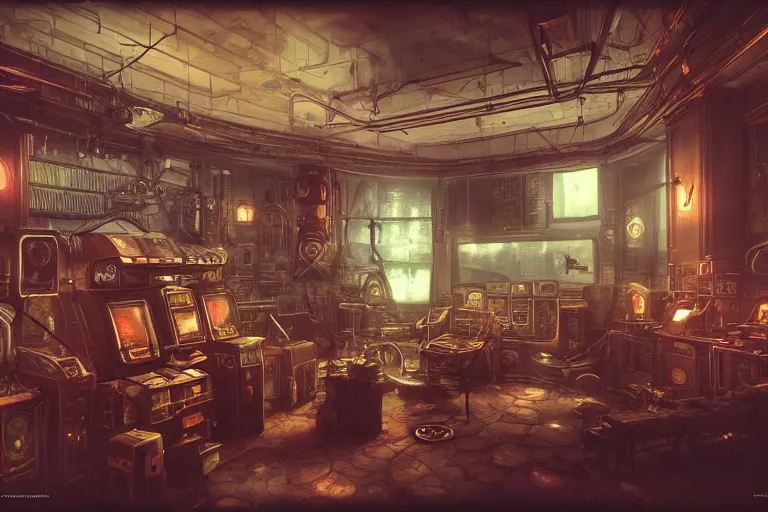 Image similar to interior of a steampunk videoclub, 3d scene, render, ultra realistic, zenith view, Greg Rutkowski, artstation, cgsociety, level design, unreal engine, 3d scene, render, ultra realistic, zenith view, Enki Bilal style