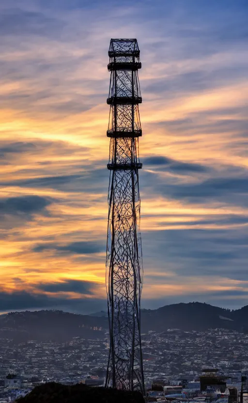 Image similar to sutro tower in san francisco, sunset, radio tower, photorealistic, 8 k