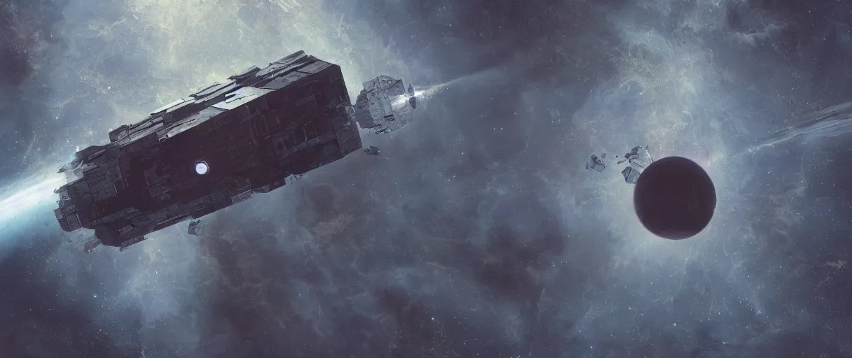 Image similar to concept art, a single lonely spaceship drifting in space, exploring the void, the expanse tv series, industrial design, lost in the immensity of space, spatial phenomenon, space debris, cinematic lighting, 4k, greebles, widescreen ratio, wide angle, beksinski, sharp and blocky shapes