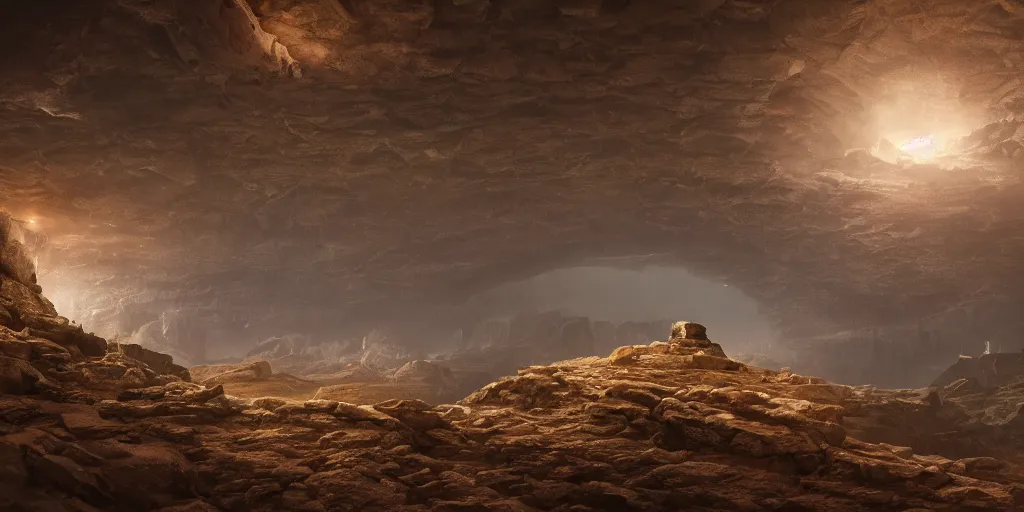 Prompt: discovery of a highly advanced underground civilization made of metal with minimal lighting in the style of thomas cole, cinematic lighting, raytracing, 8 k, octane render, volumetric, vivid, beautiful, hyperrealism