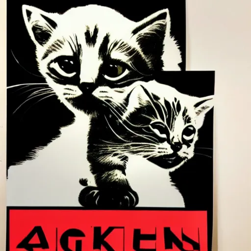 Image similar to silk screen poster of angry kittens in style of frank kozic